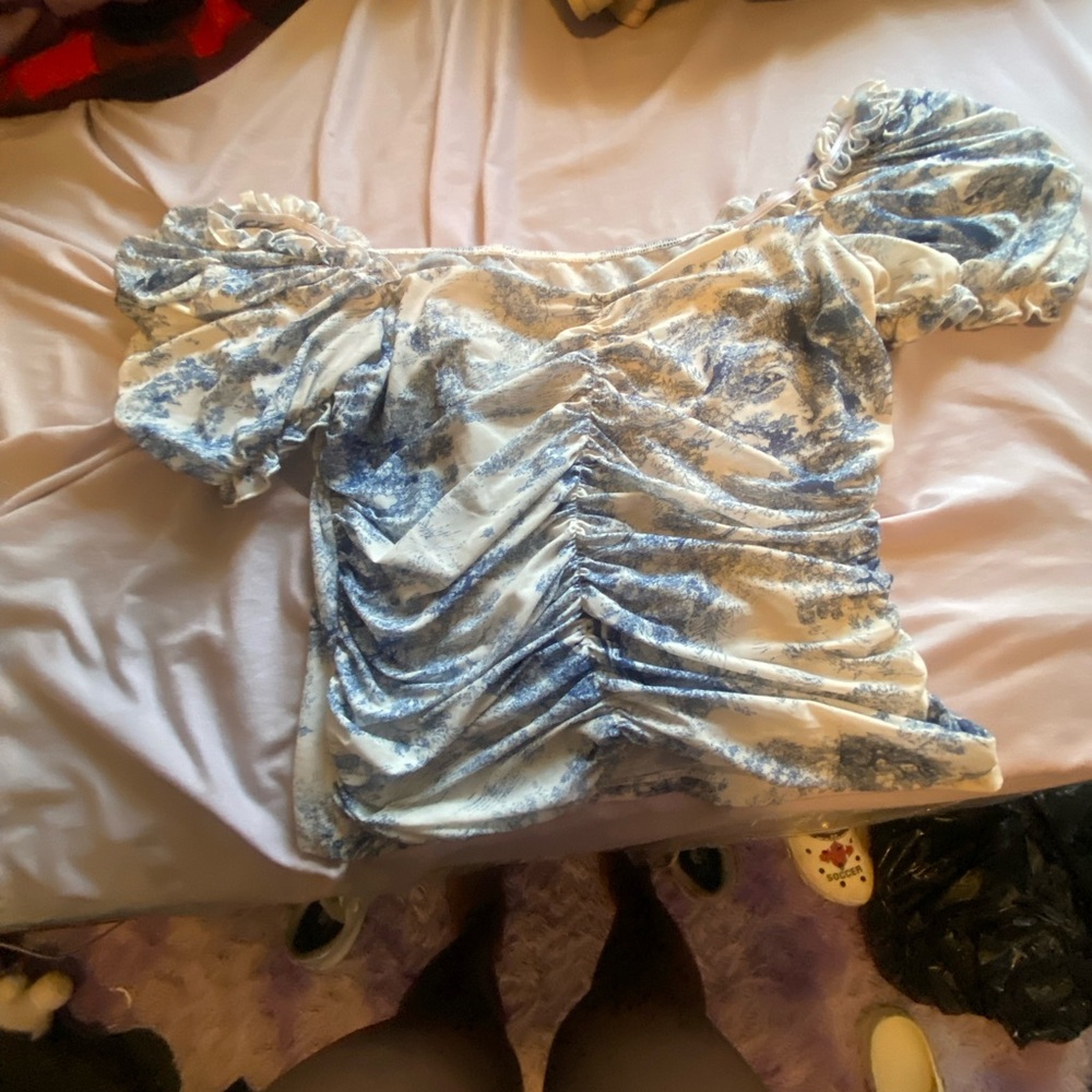 Blue and White Ruched Women's Top